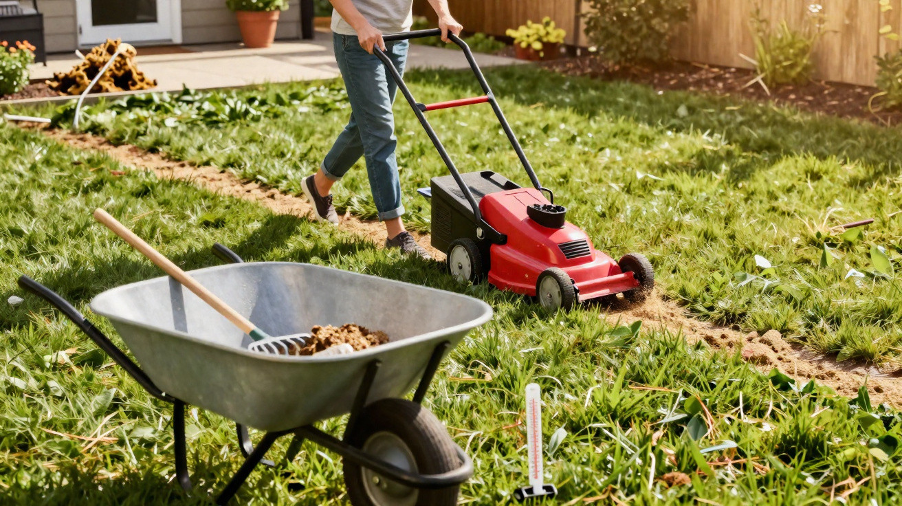Person mowing patchy grass with a red lawnmower in a sunny backyard near a wheelbarrow with soil.