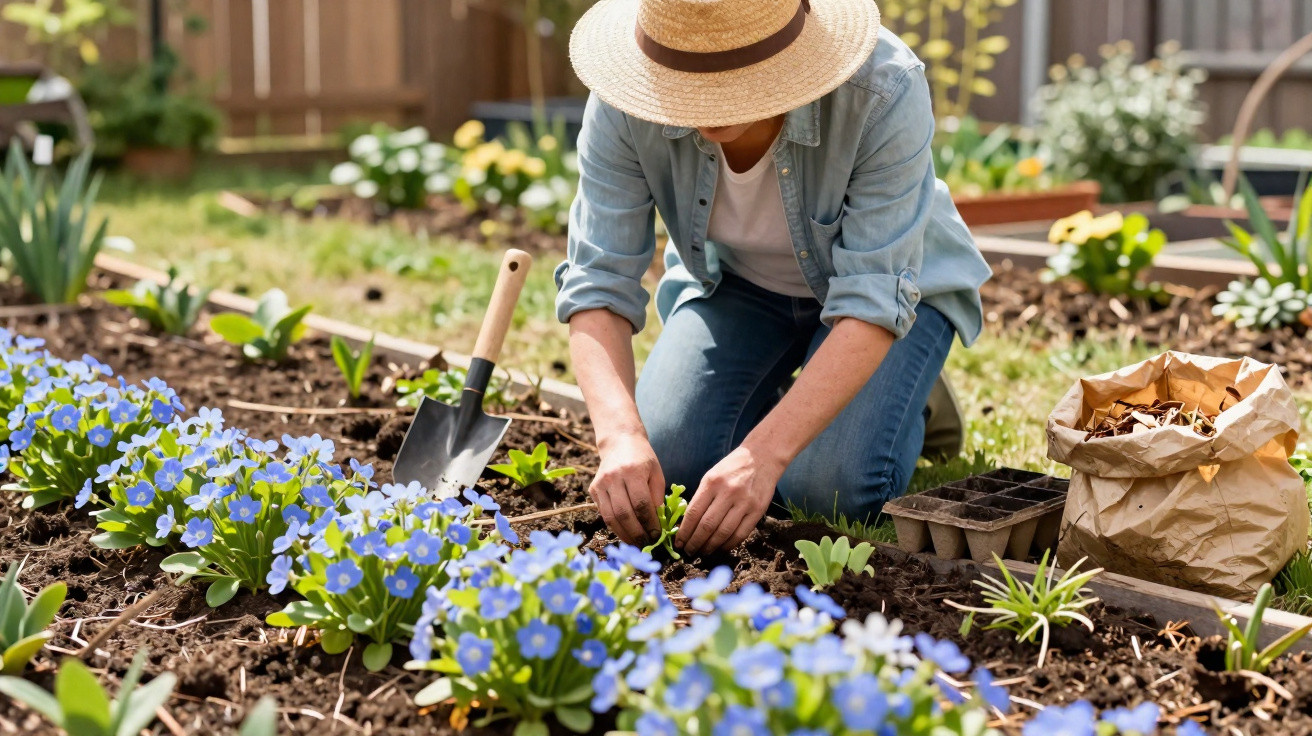 Person wearing a straw hat planting seedlings in a garden bed with blue flowers on a sunny day.
