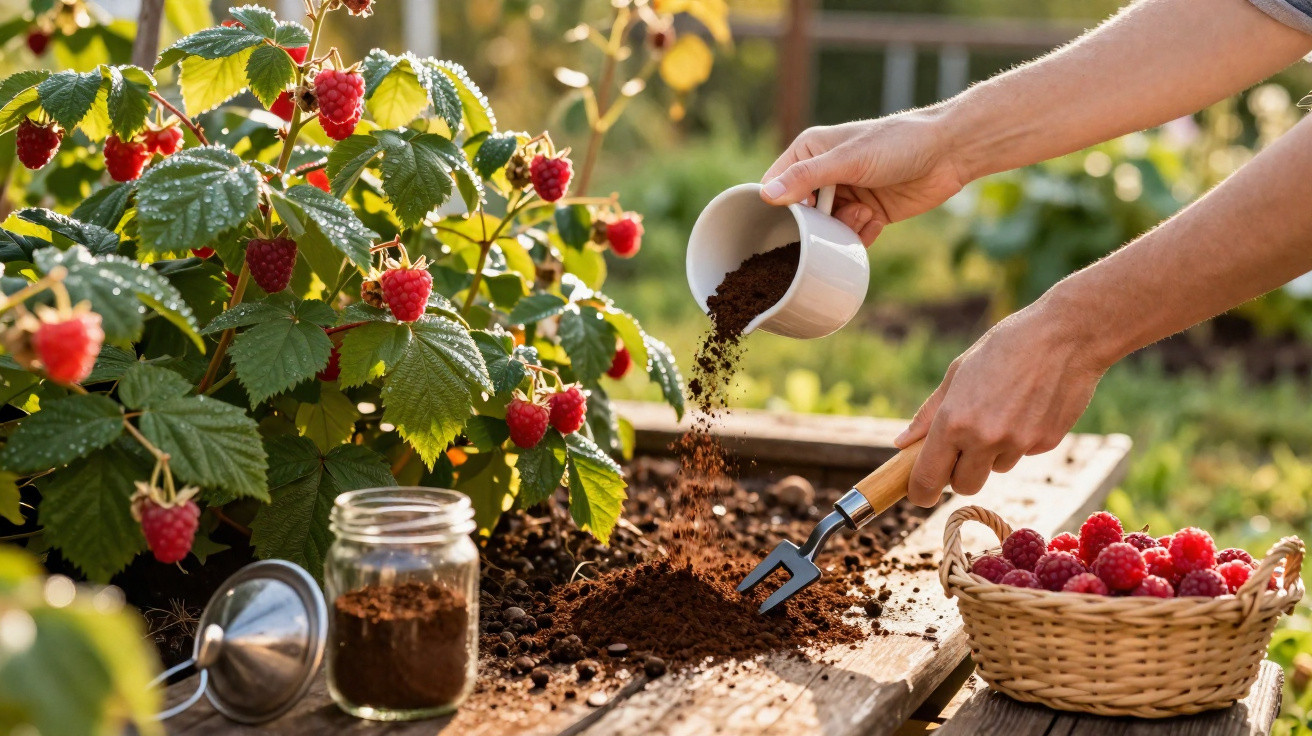 Hands pouring coffee grounds onto soil with a garden fork, raspberry plants and a basket of raspberries nearby.