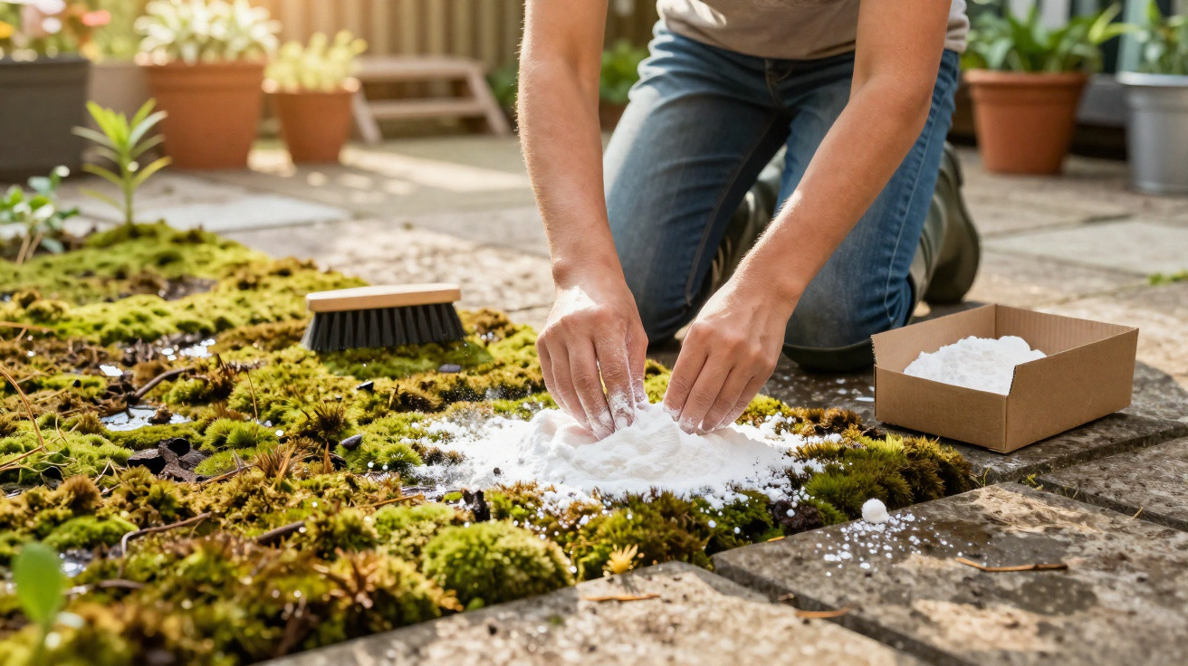 Person sprinkling white powder on moss-covered patio stones with cleaning brush and box nearby