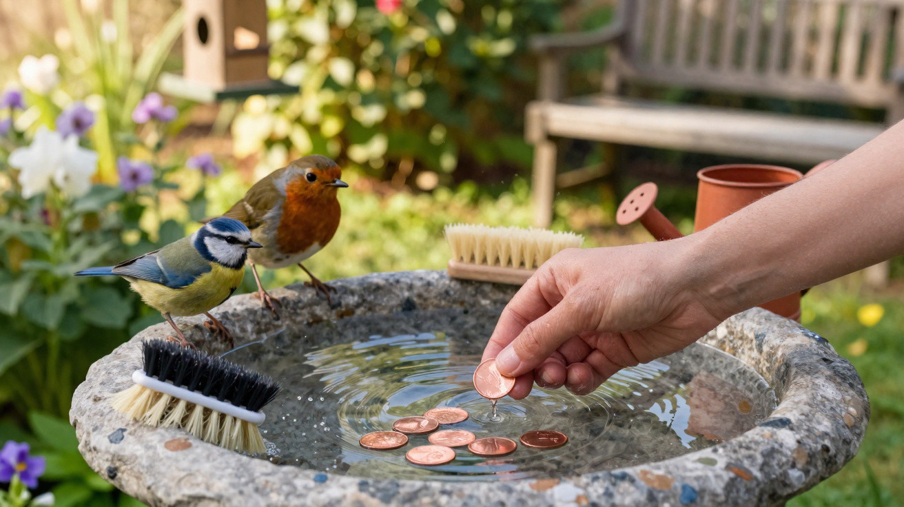 A hand placing a coin in a garden birdbath with two birds perched on its edge.