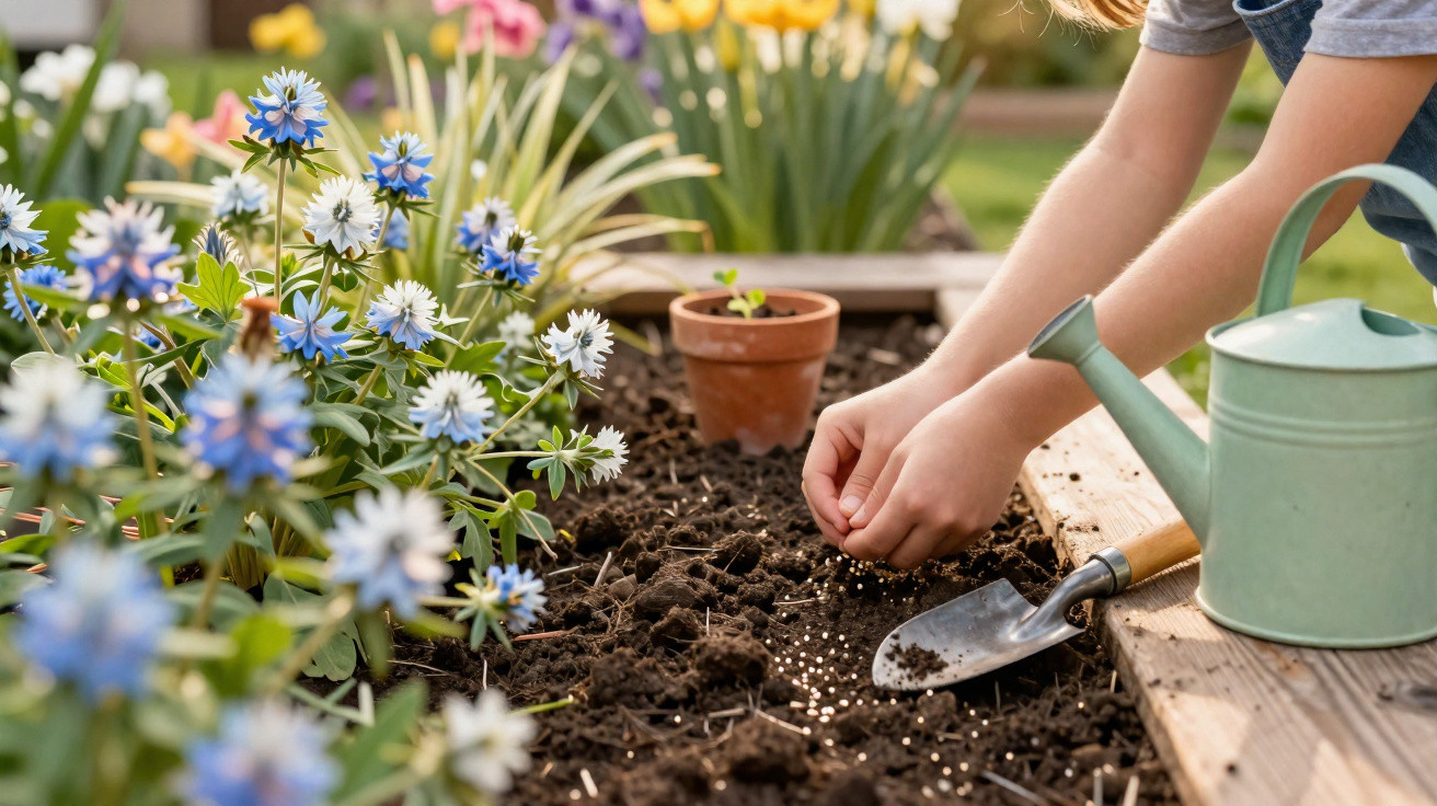 Person planting seeds in soil next to blue flowers with a small spade and green watering can nearby