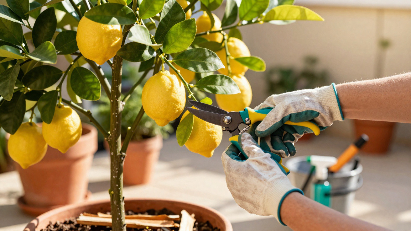 Hands wearing gloves pruning ripe lemons from a potted lemon tree with garden shears in sunlight.