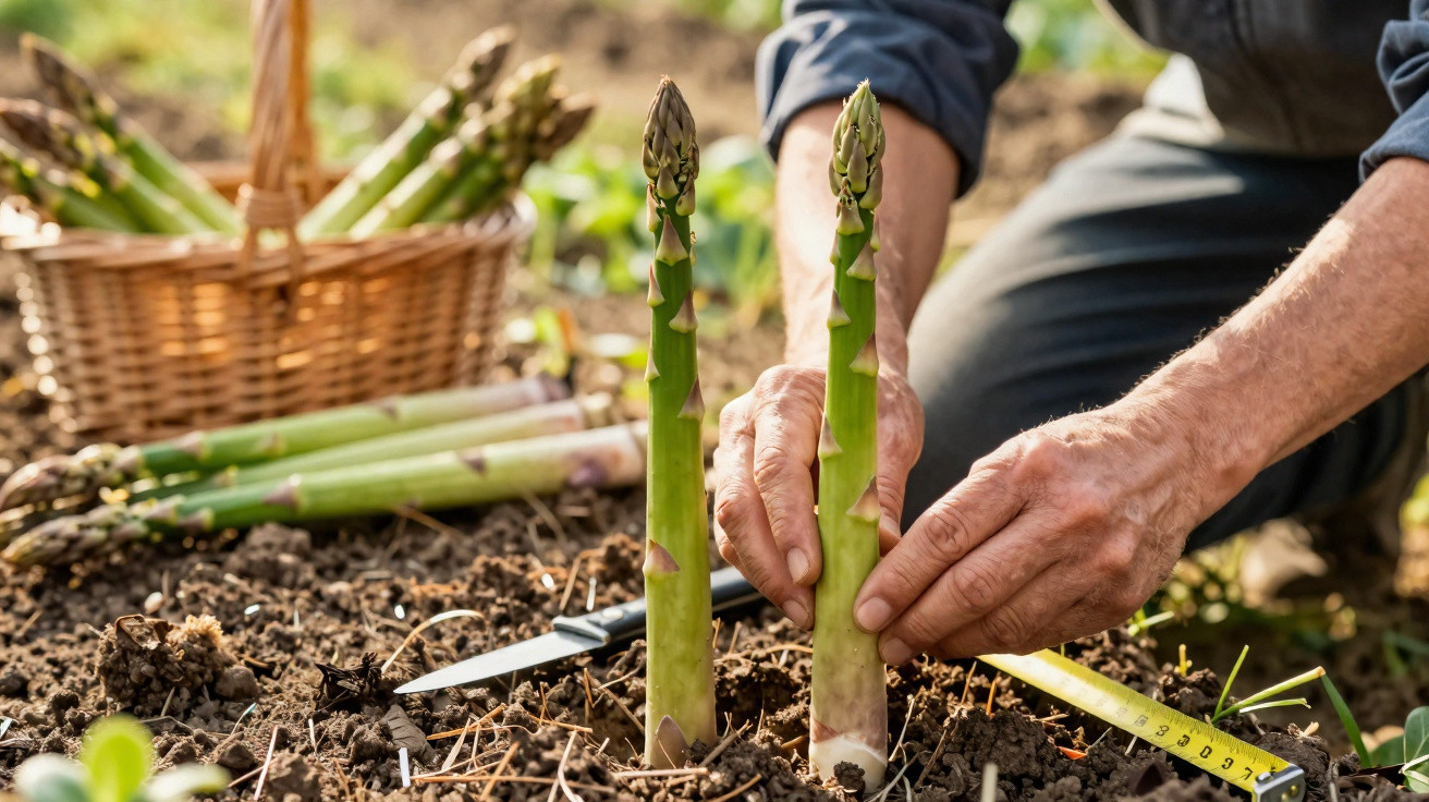 Hands tending to two fresh asparagus spears growing in soil with tools and a basket nearby