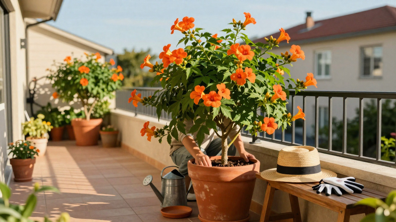 Person tending to a large orange flowering plant on a sunny balcony with gardening tools nearby