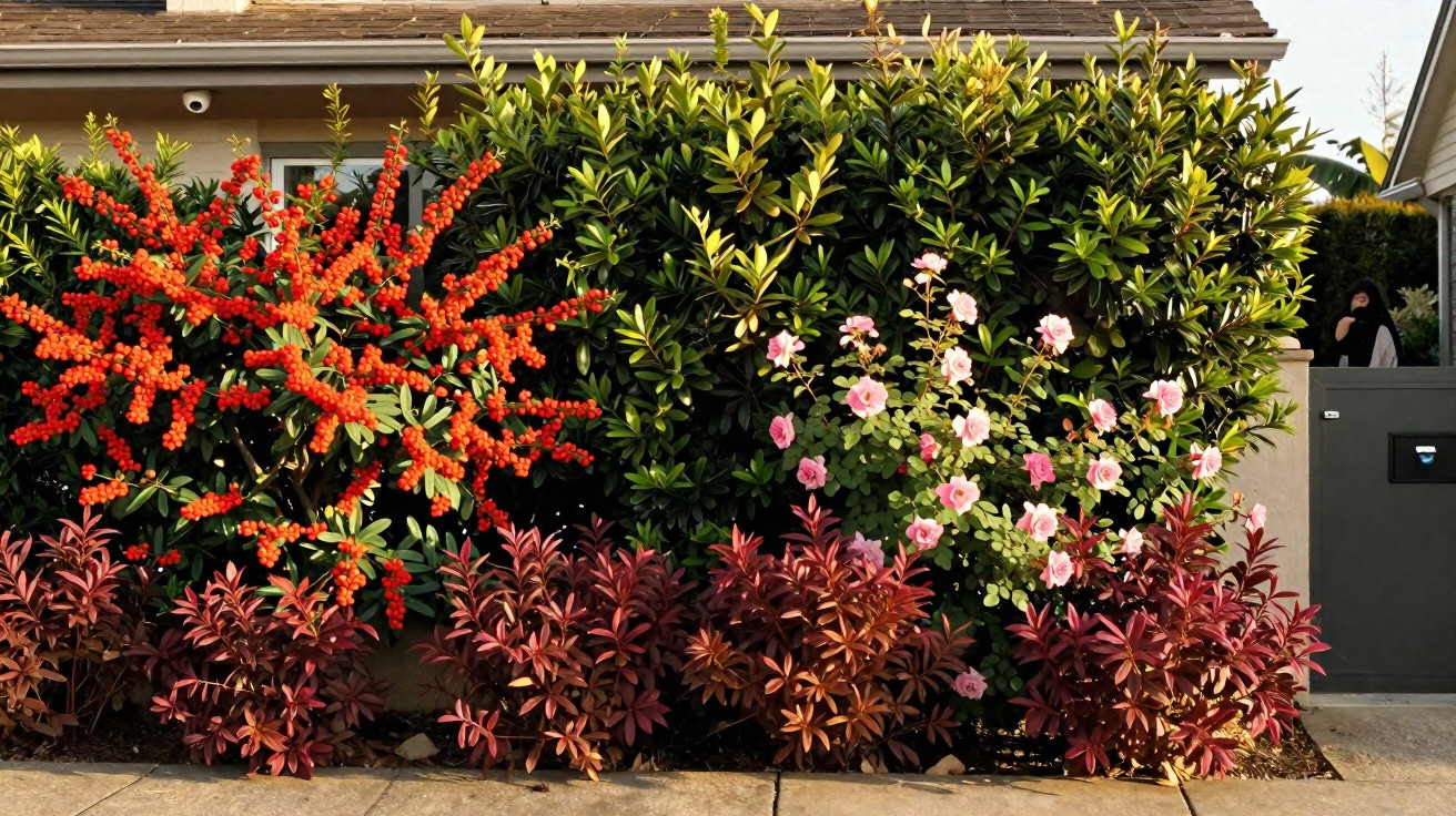 Bushes with bright red berries and pink flowers in front of a house with a brown roof and pavement.