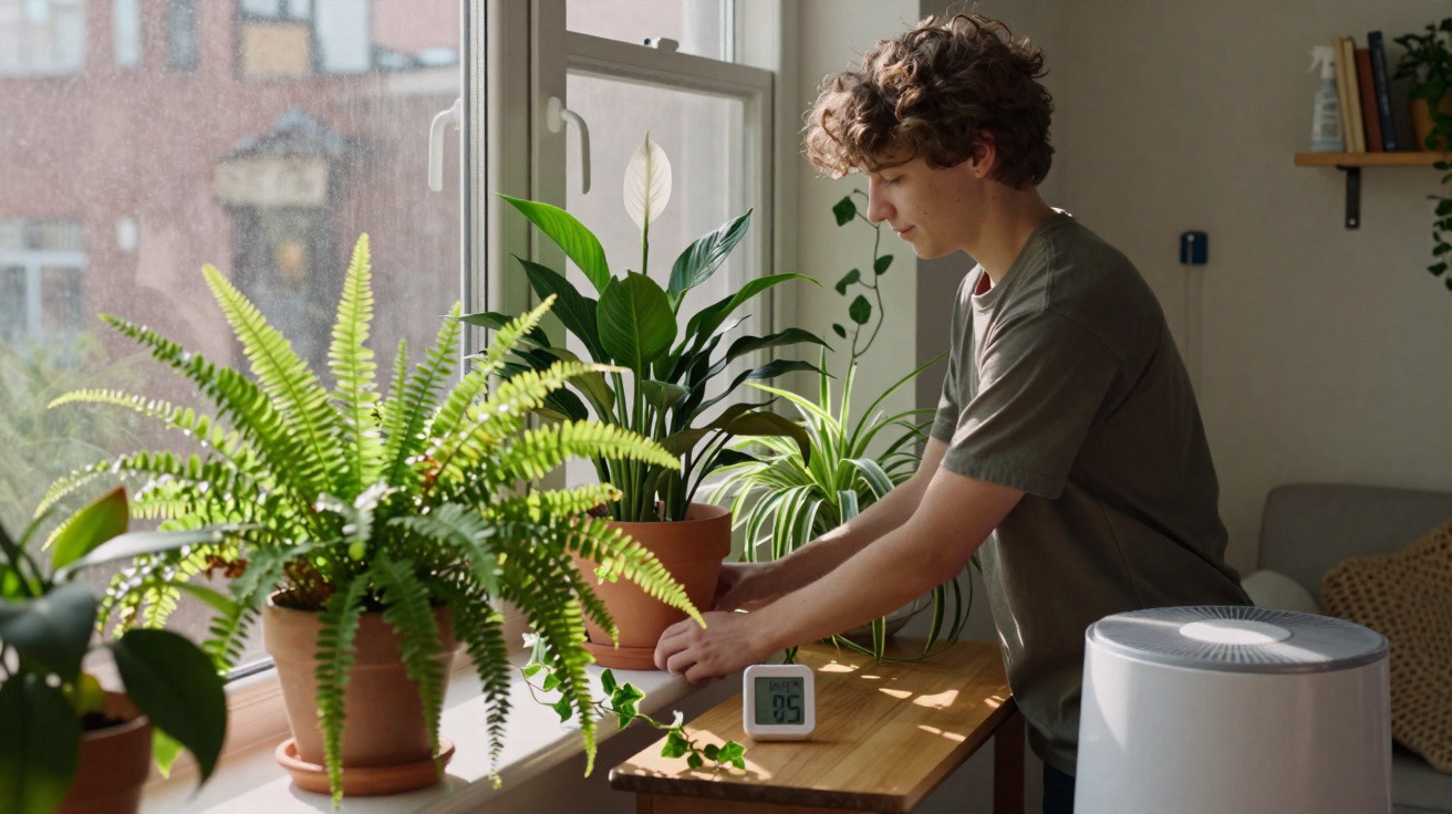 Young man tending to multiple potted plants on a wooden table near a sunlit window in a cozy room.