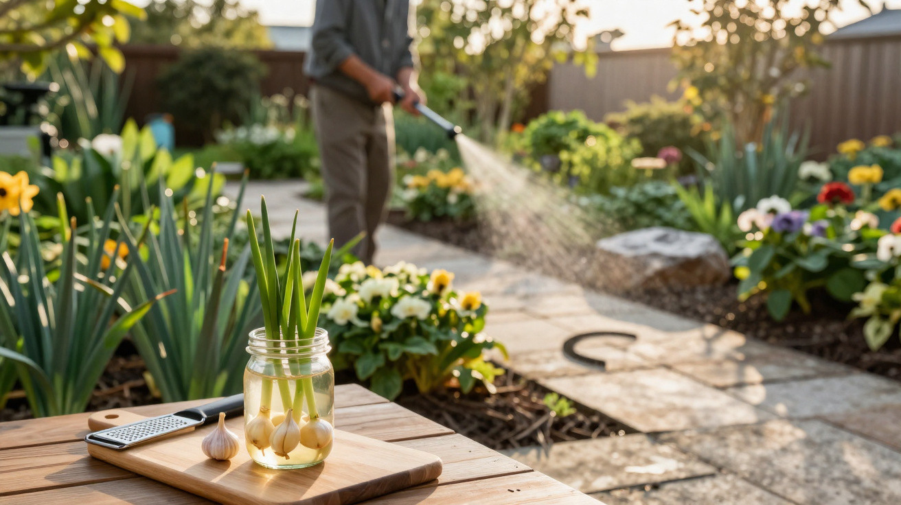 Glass jar with green garlic shoots on a wooden table in a garden with a person watering plants in the background.