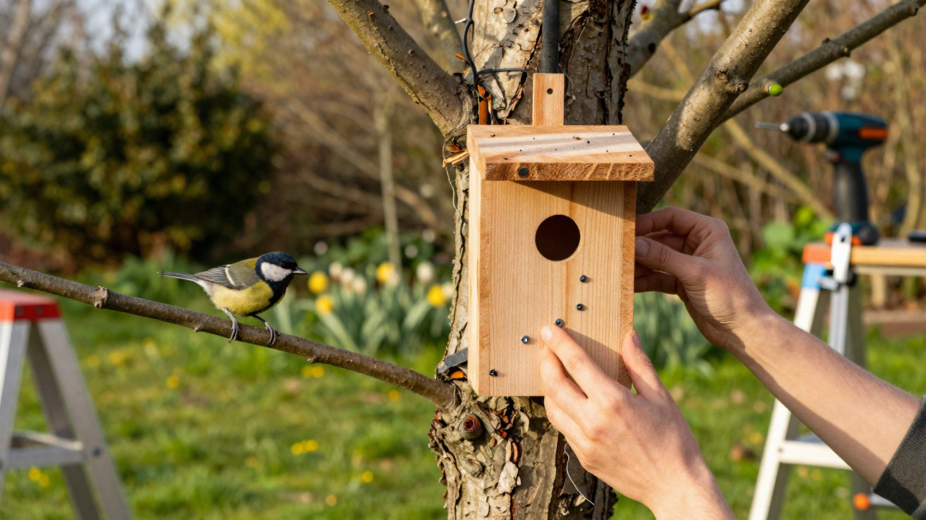 Person installing a wooden birdhouse on a tree branch with a bird perched nearby in a garden.