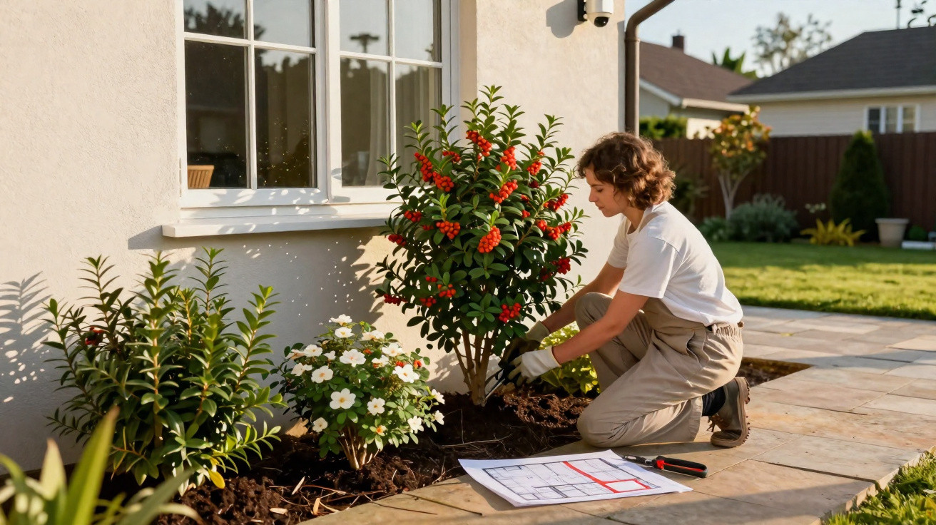 Person gardening next to a house, planting a shrub with red berries in a sunny backyard.