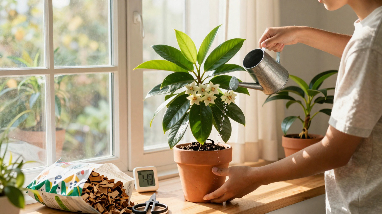 Person watering flowering potted plant on a windowsill with gardening supplies nearby in natural light.