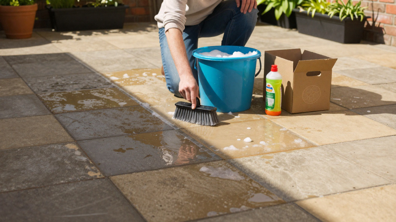 Person scrubbing outdoor stone patio tiles with brush, bucket of soapy water, and cleaning liquid nearby.