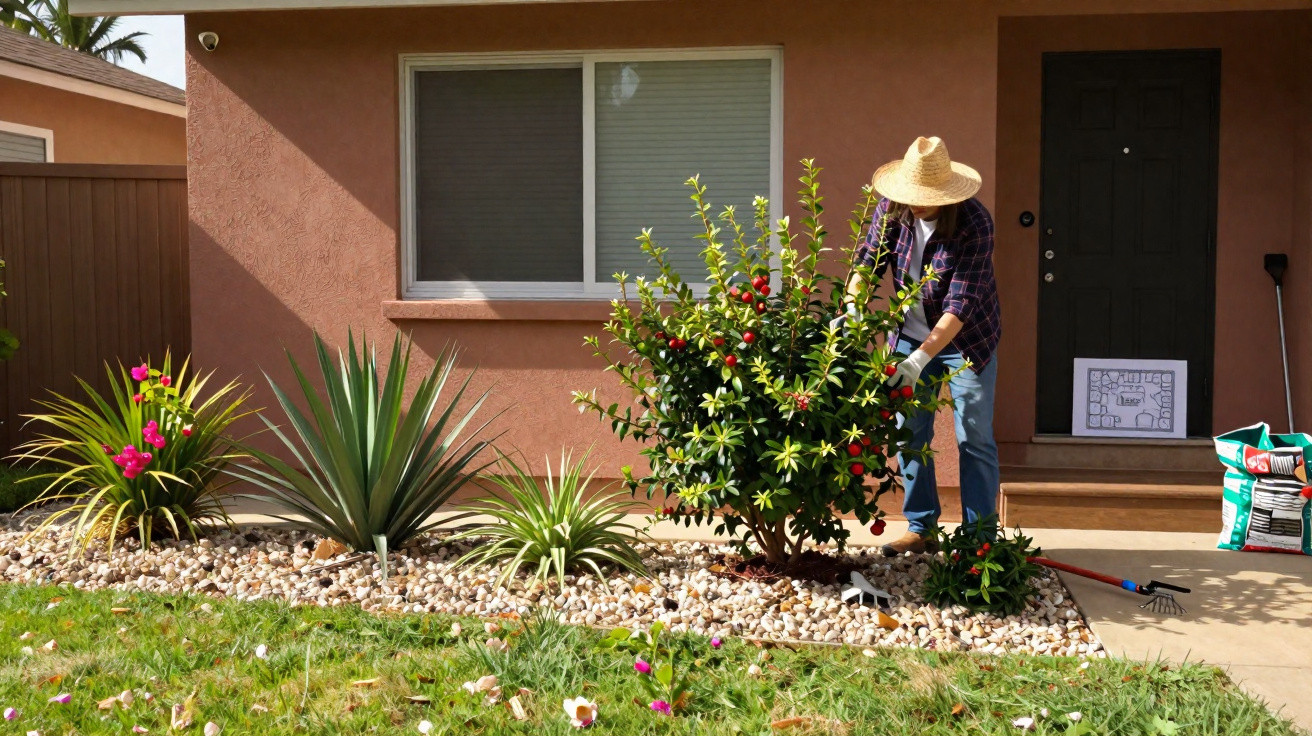 Person wearing a straw hat tending a flowering bush in a garden bed outside a house.