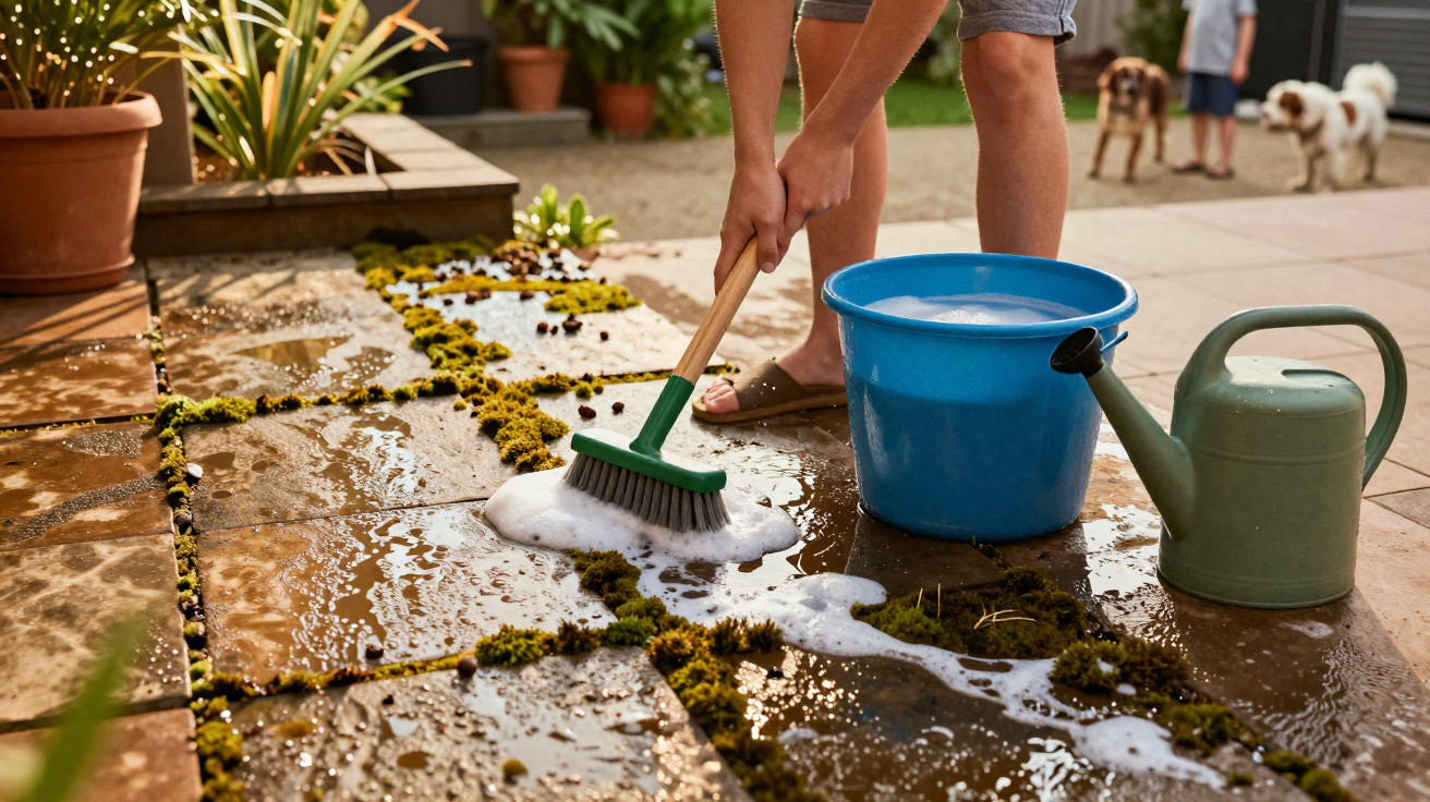 Person scrubbing mossy garden patio stones with a brush, blue bucket, and green watering can nearby.