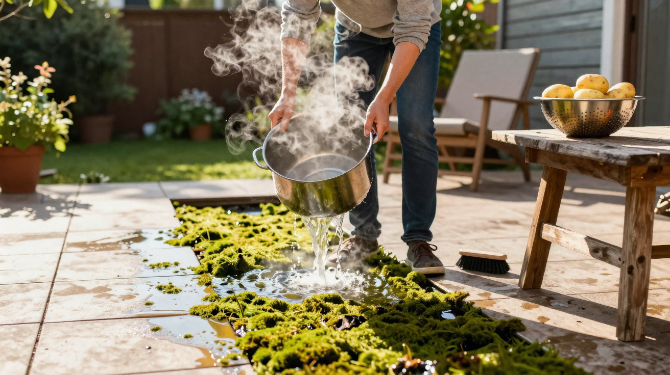 Person pouring steaming water from a pot onto moss growing between patio tiles in a garden.