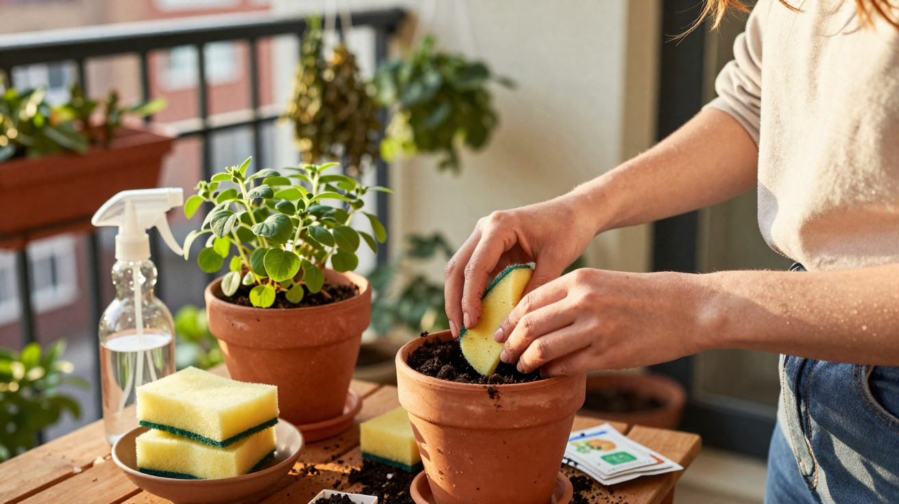 Person preparing soil in a terracotta pot with a sponge on a wooden table on a balcony garden.