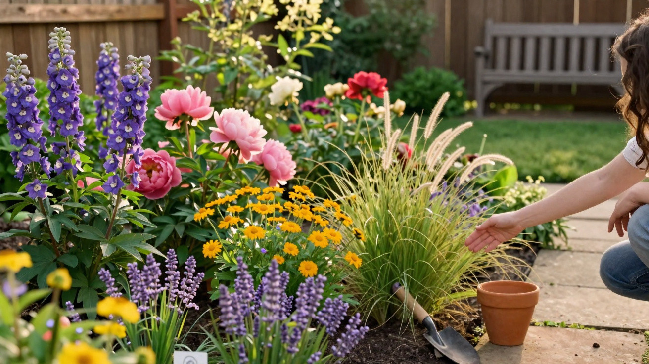 A person tending to a colourful flower garden with pink, purple, yellow flowers and ornamental grasses.