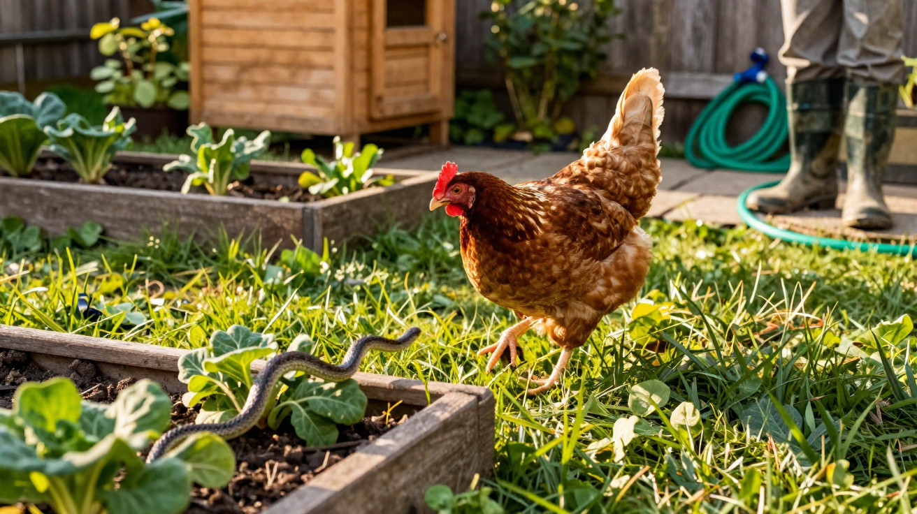 Brown hen in a garden approaching a snake on a raised vegetable bed with a wooden coop in the background.