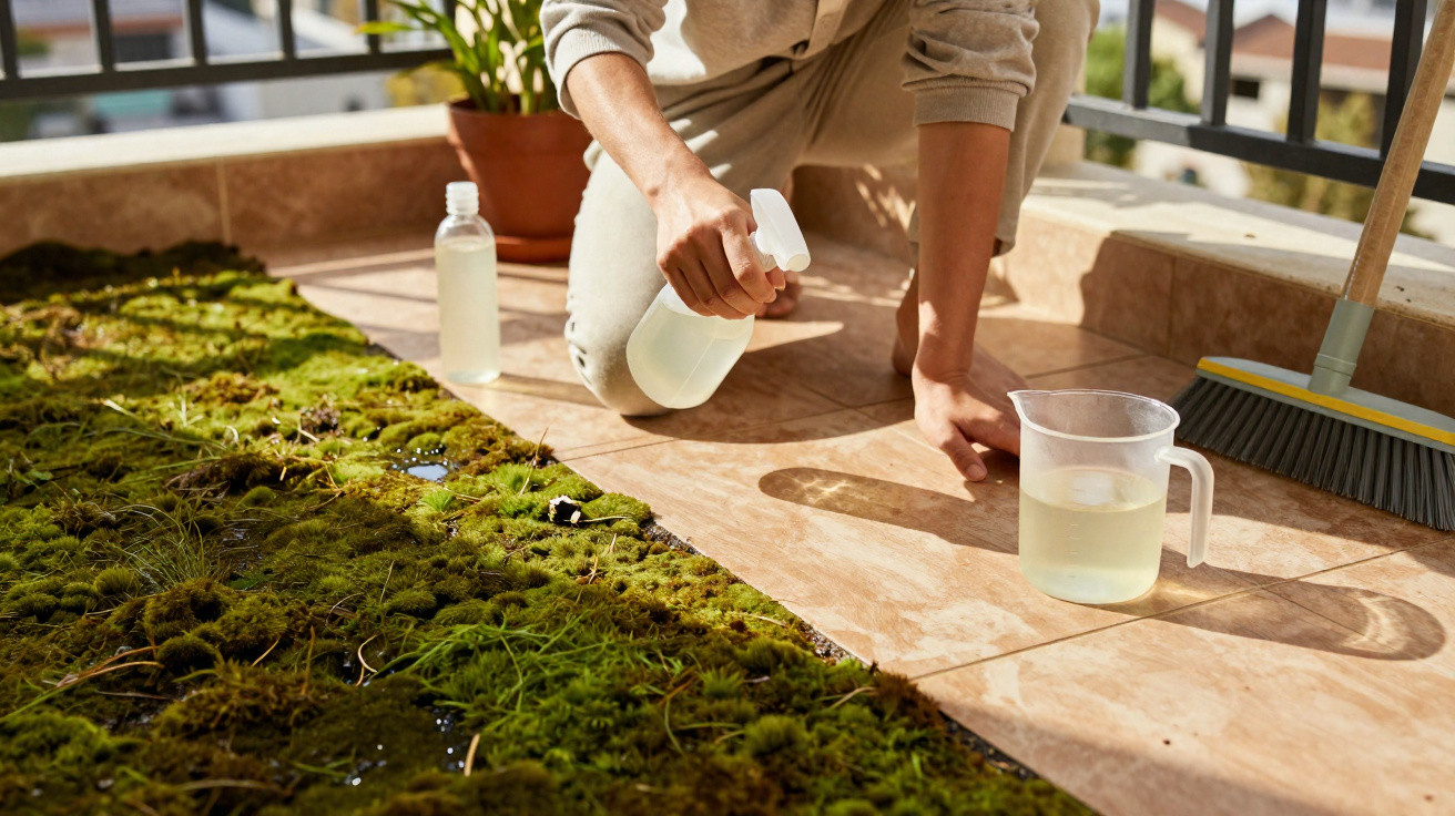 Person spraying liquid from a spray bottle onto moss growing along tiled balcony floor near a broom.