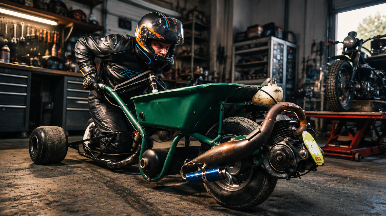 Person in racing gear and helmet crouched behind a modified motorised wheelbarrow in a workshop.