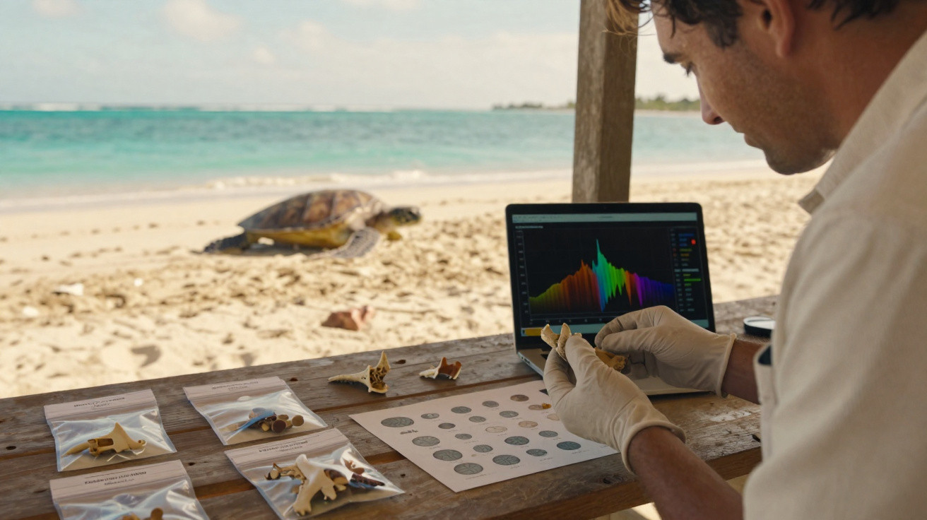 Researcher analysing turtle shell fragments on a beachside table with a sea turtle and ocean in the background.