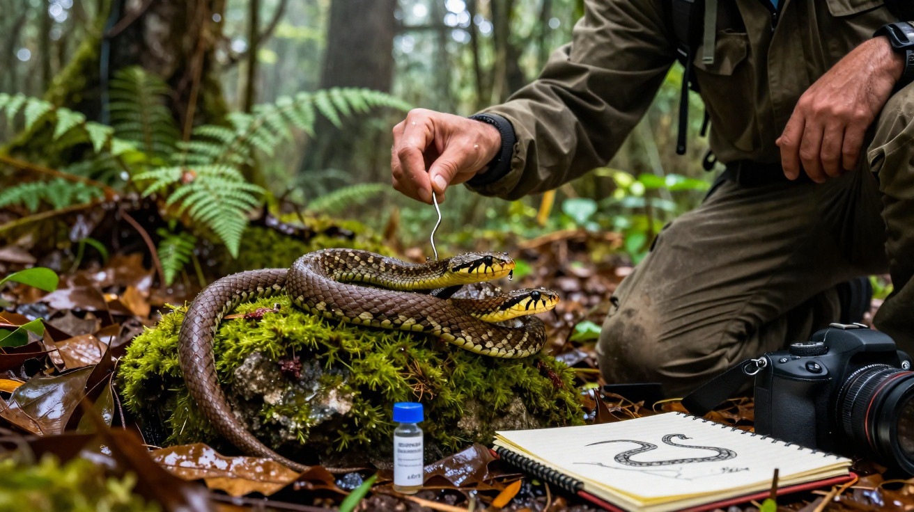 Researcher handling two snakes on mossy log in forest with camera, sketchbook, and vial nearby