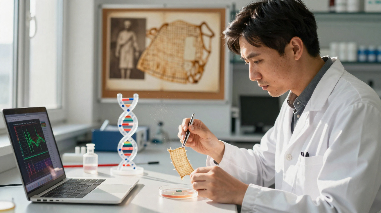 Scientist in a lab coat examining a fabric sample with tweezers next to a DNA model and laptop.