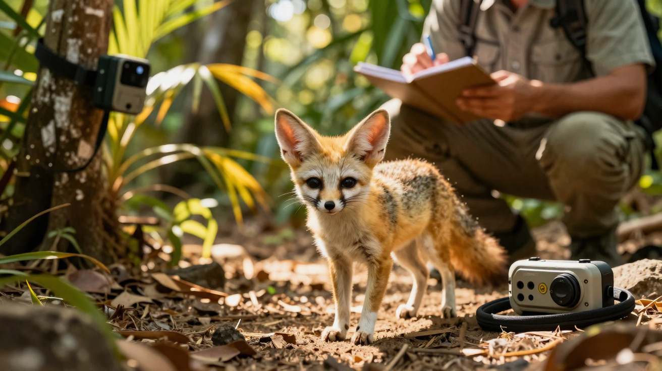 Small fox standing on forest floor with researcher writing notes and camera nearby in background.