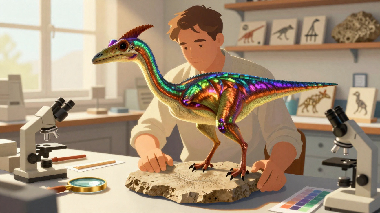 Scientist studying a colourful, iridescent dinosaur model perched on a fossil in a bright laboratory.