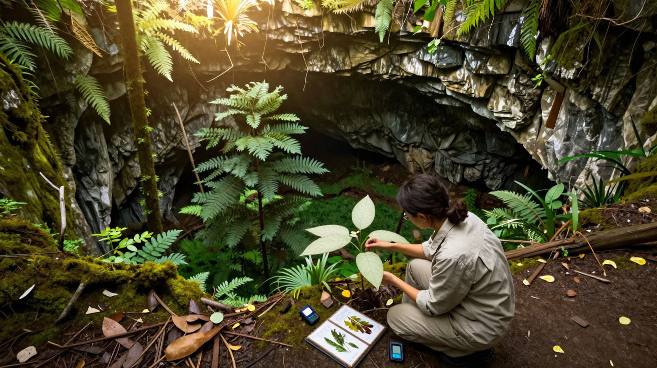 Scientist examining plant specimens near cave entrance in lush tropical forest during daylight.