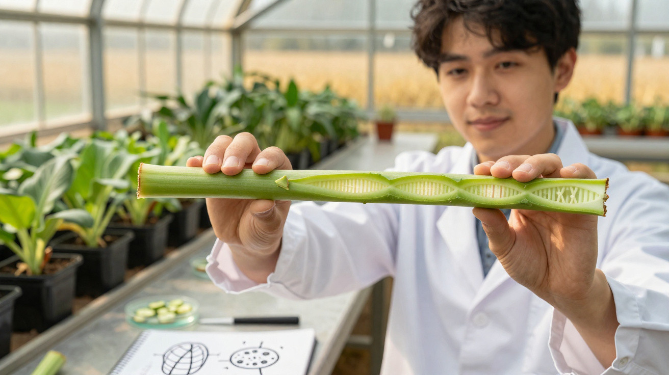 Scientist in a greenhouse holding a hollow plant stem shaped like a DNA helix with plants in pots behind.
