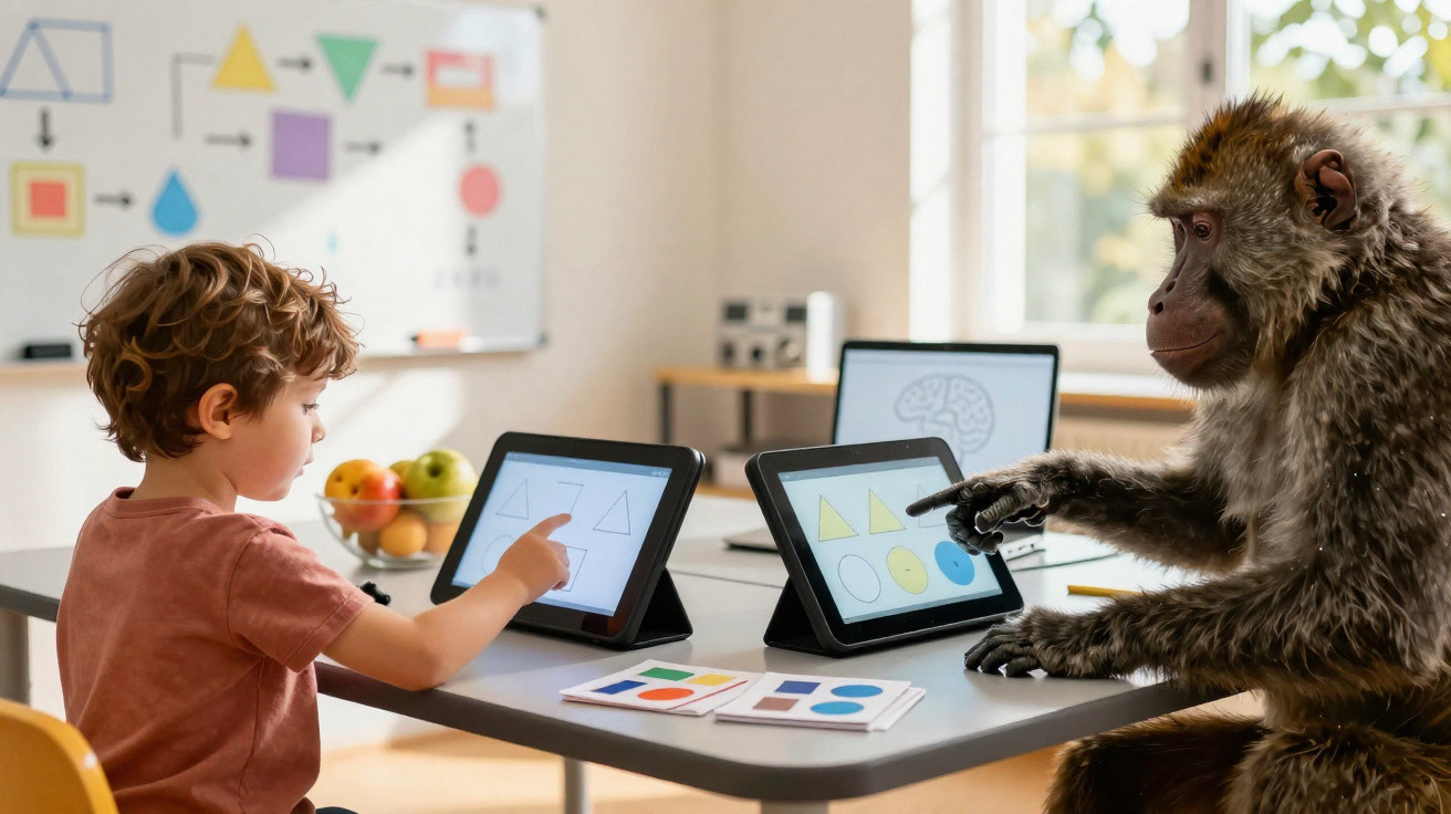 Child and monkey sitting at a table using tablets to study shapes in a bright classroom setting.