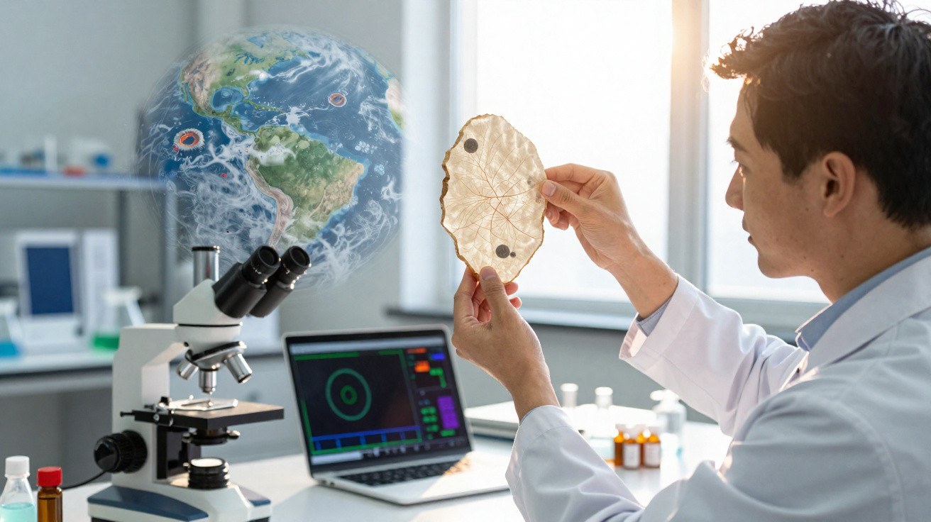 Scientist examining a leaf with microscope and laptop, holographic Earth projection in a bright laboratory.