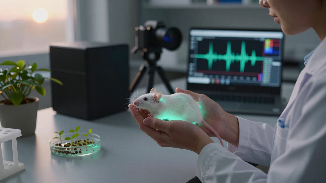 Scientist holding a white lab rat with glowing green spots in a lab with a computer showing data.