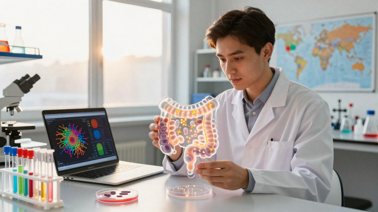 Scientist in lab coat holding illuminated colon model with bacteria, laptop and test tubes on desk in lab.