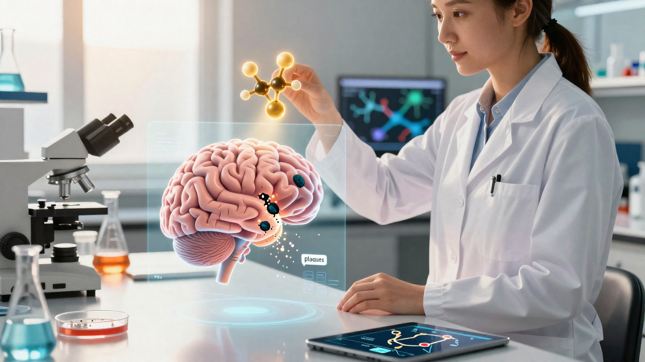 Scientist in lab coat studying 3D brain model and molecular structure using augmented reality technology.