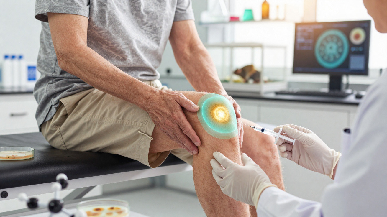 Doctor administering knee injection to elderly man with digital pain target graphic on knee.