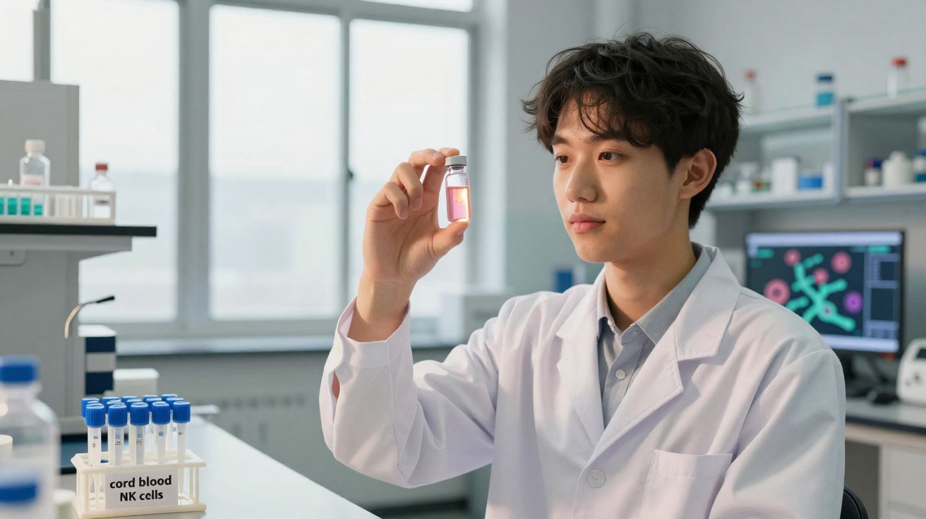 Scientist in a white coat examining a vial with pink liquid in a laboratory setting.