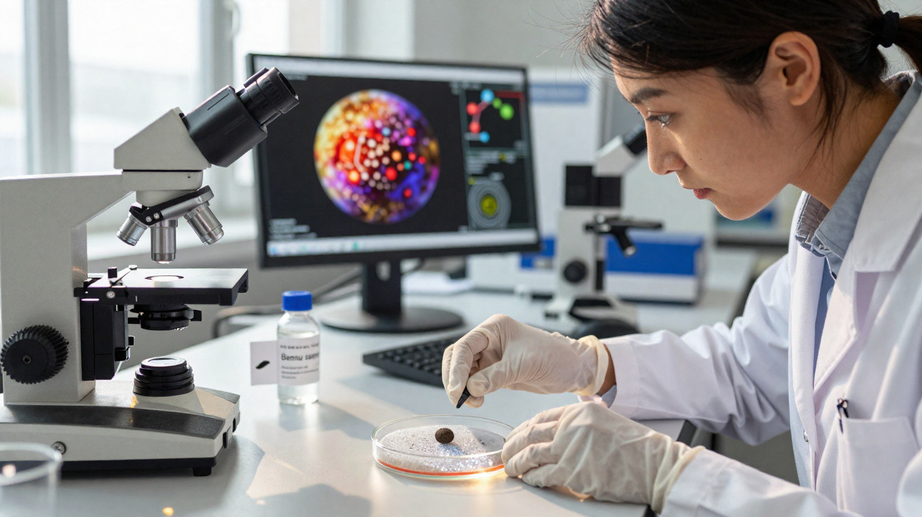 Scientist in lab coat and gloves examining a petri dish with a dropper beside a microscope and computer screen.