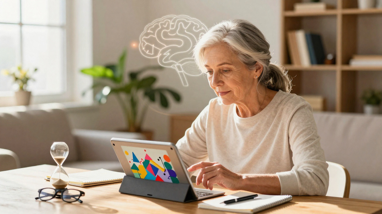 Elderly woman sitting at a table using a tablet with a glowing brain illustration above her head.