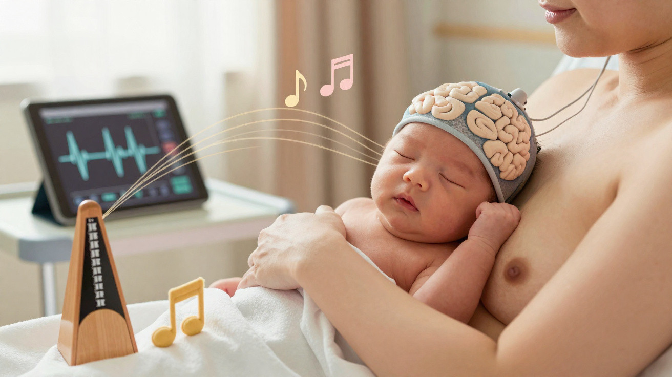 Newborn wearing a brain-monitoring cap, held by a mother with music notes illustrating sound therapy.