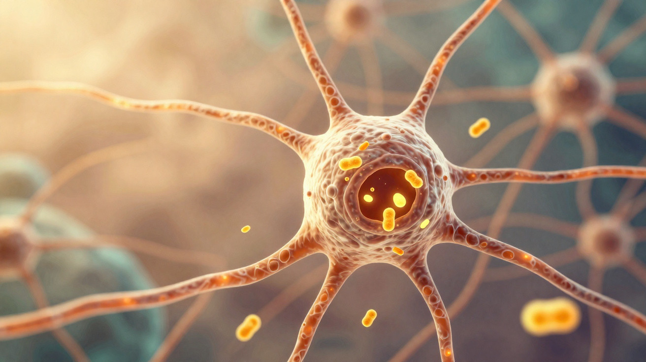 Close-up 3D illustration of a neuron with visible cell body, dendrites, and floating synaptic vesicles.