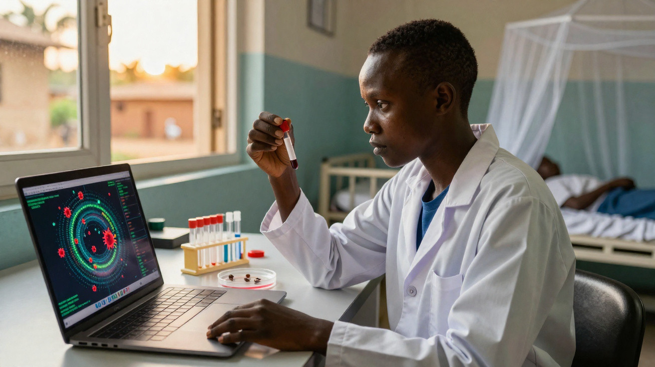 Scientist in a lab coat examining a blood sample with a laptop displaying virus data in a medical room.