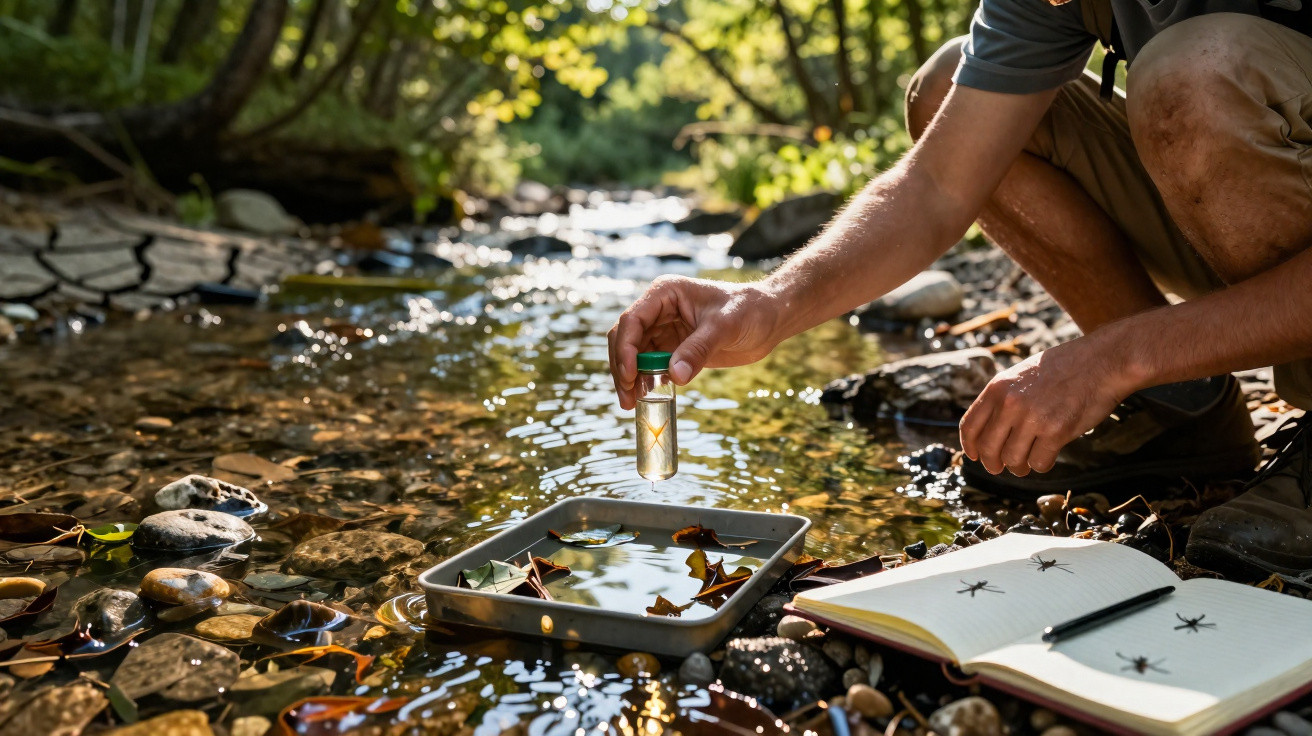 Person collecting water sample in a jar from a stream with an open notebook and insects by the water's edge.