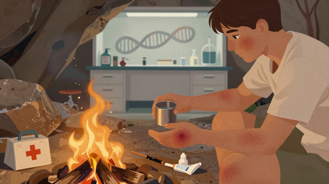 Young man tending fire inside cave with visible wound and medical supplies nearby, DNA model in background.