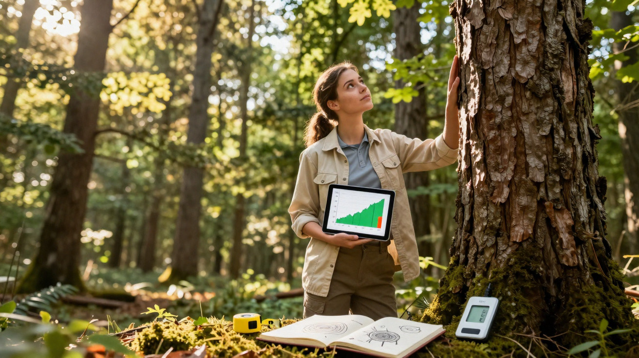 Woman examining a tree and holding a tablet with a growth chart in a sunlit forest, with nature study materials nearby.