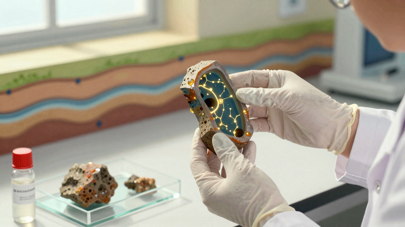 Scientist wearing gloves holding a detailed rock sample model with constellations in a laboratory.