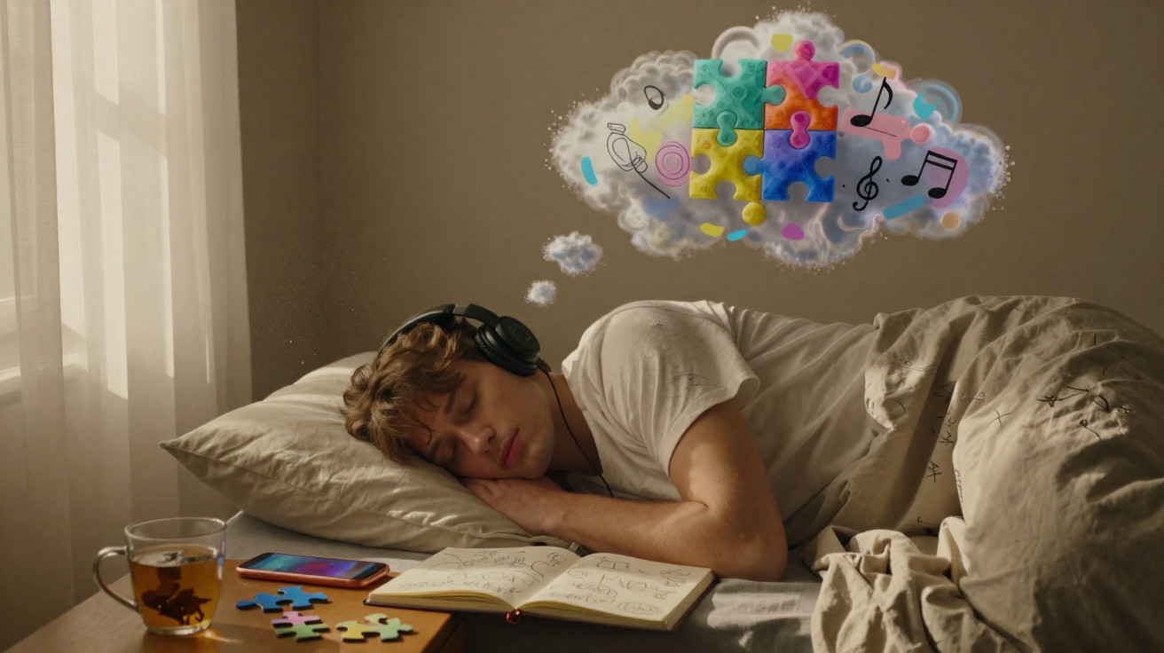 Young man sleeping with headphones on, dreaming of colourful puzzle pieces and music notes.
