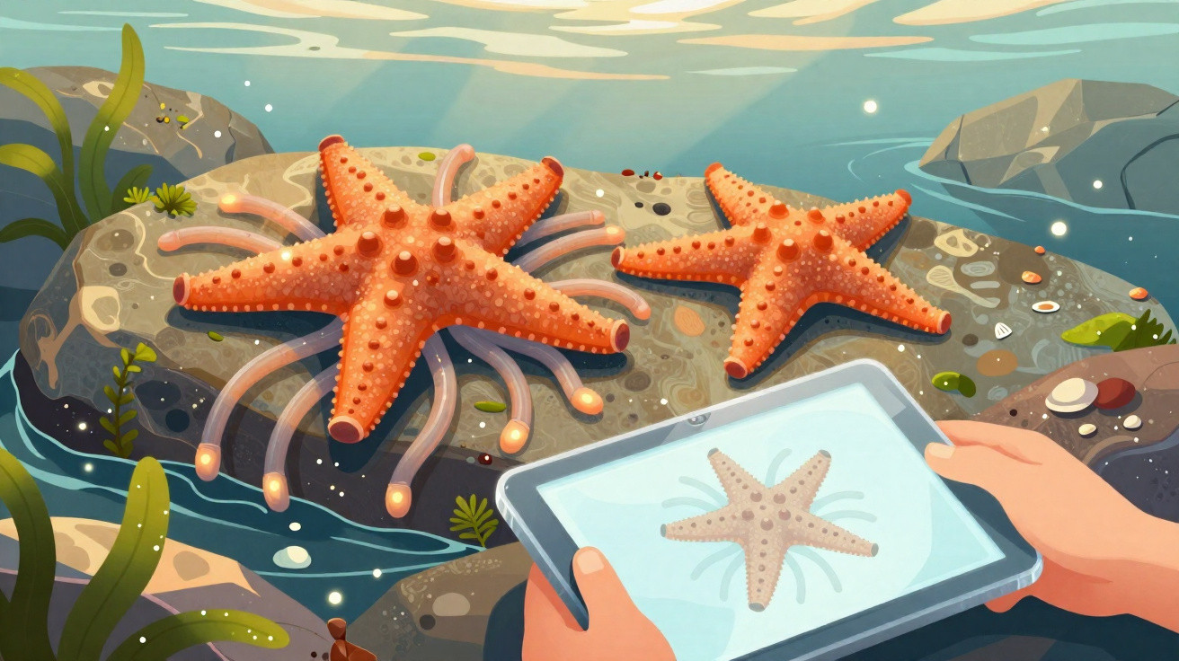 Underwater scene with two orange starfish on rocks and hands holding a tablet showing one starfish.
