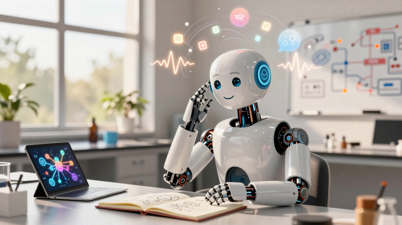 Friendly humanoid robot sitting at desk with open book and tablet displaying digital icons in a modern office.